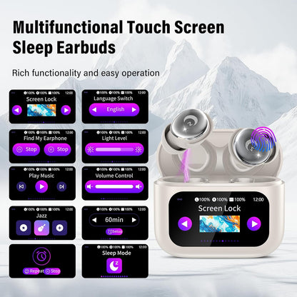 VEKJ Sleep Earbuds, Bluetooth 5.4 Mini Wireless Ear Euds with Multifunctional Touch Screen, 48H Bass Stereo Headphones with Sleep Mode/5 EQ Modes/ENC Noise Cancelling, IPX7 Earphones for iOS Android - PuriLite
