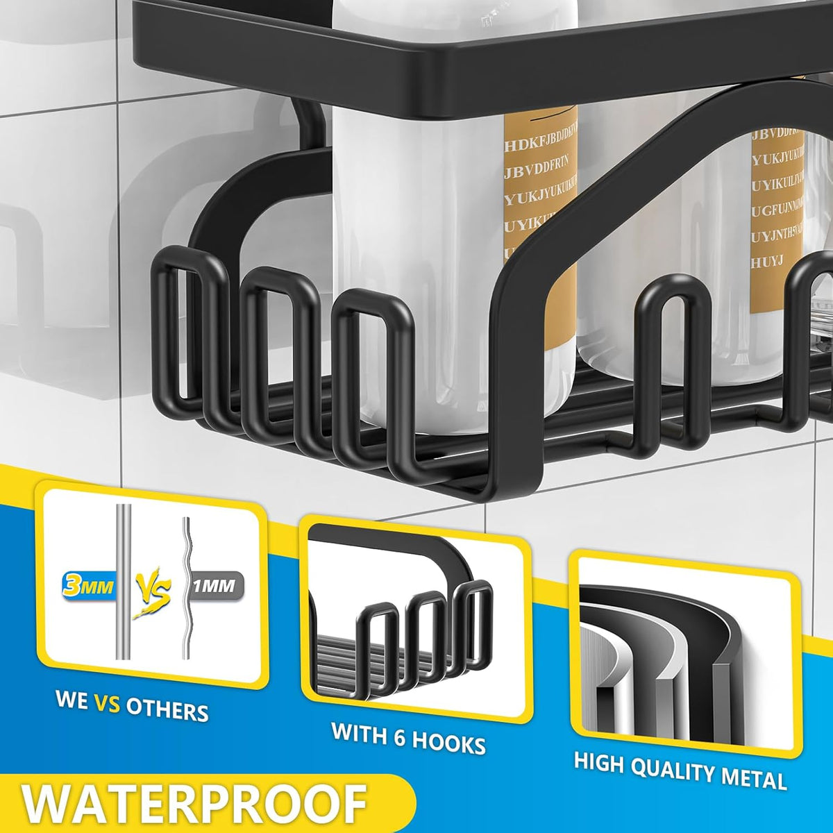 Coraje Adhesive Shower Caddy, 5-Pack Shower Shelves, Large Capacity Load Bearing 40 LBS Shower Organizer, No Drilling Shower Shelf, Rustproof Stainless Steel Bathroom Shower Storage, Black - PuriLite