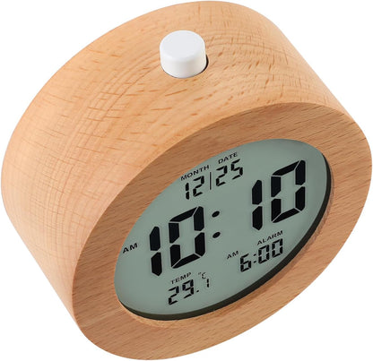 Plumeet Wooden Digital Alarm Clock for Bedrooms, Wood 4'' Battery Powered Alarm Clock with Snooze and Nightlight, Electronic LCD Desk Clock Display Time, Date, Temp, 12/24H, Wood Décor (Sapele, 3.2'') - PuriLite