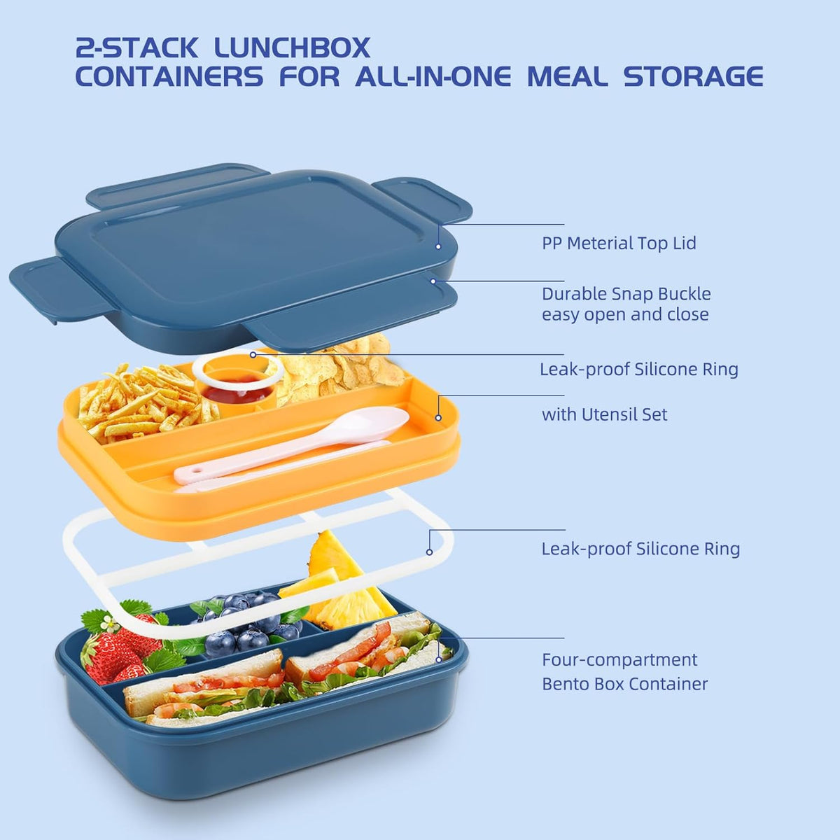 Bento Box Adult Lunch Box - 2000 ML Stackable with 8 Compartments, Leak-Proof, Built-in Sauce Container, Utensils, Microwave/Dishwasher/Freezer Safe - Blue - PuriLite