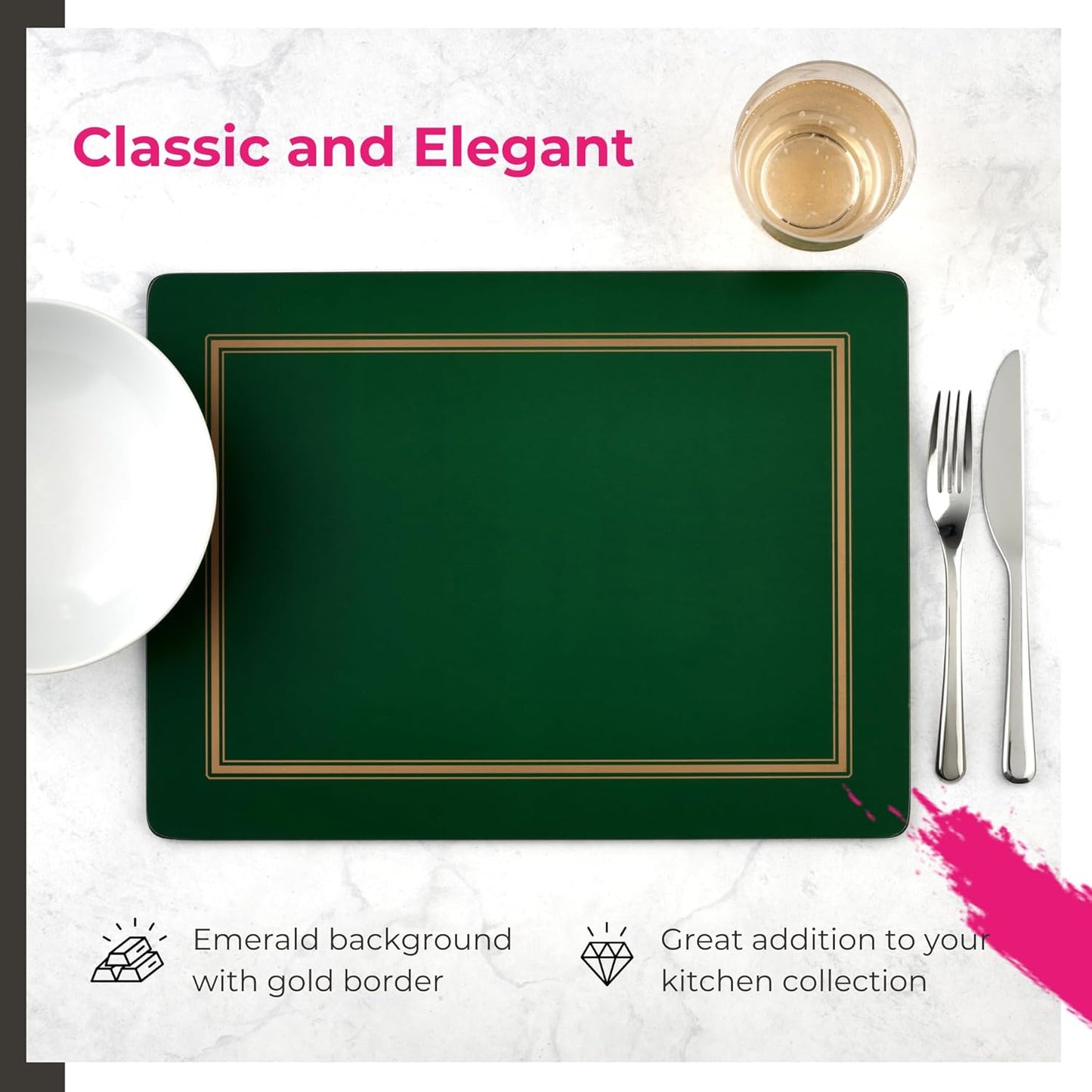 Pimpernel Classic Emerald Placemats - Set of 4 Rectangular Cork Backed Table Mats with Deep Green Finish - Heat Resistant Wipe Clean Placemats for Dining Table Protection & Stylish Meal Presentation - PuriLite