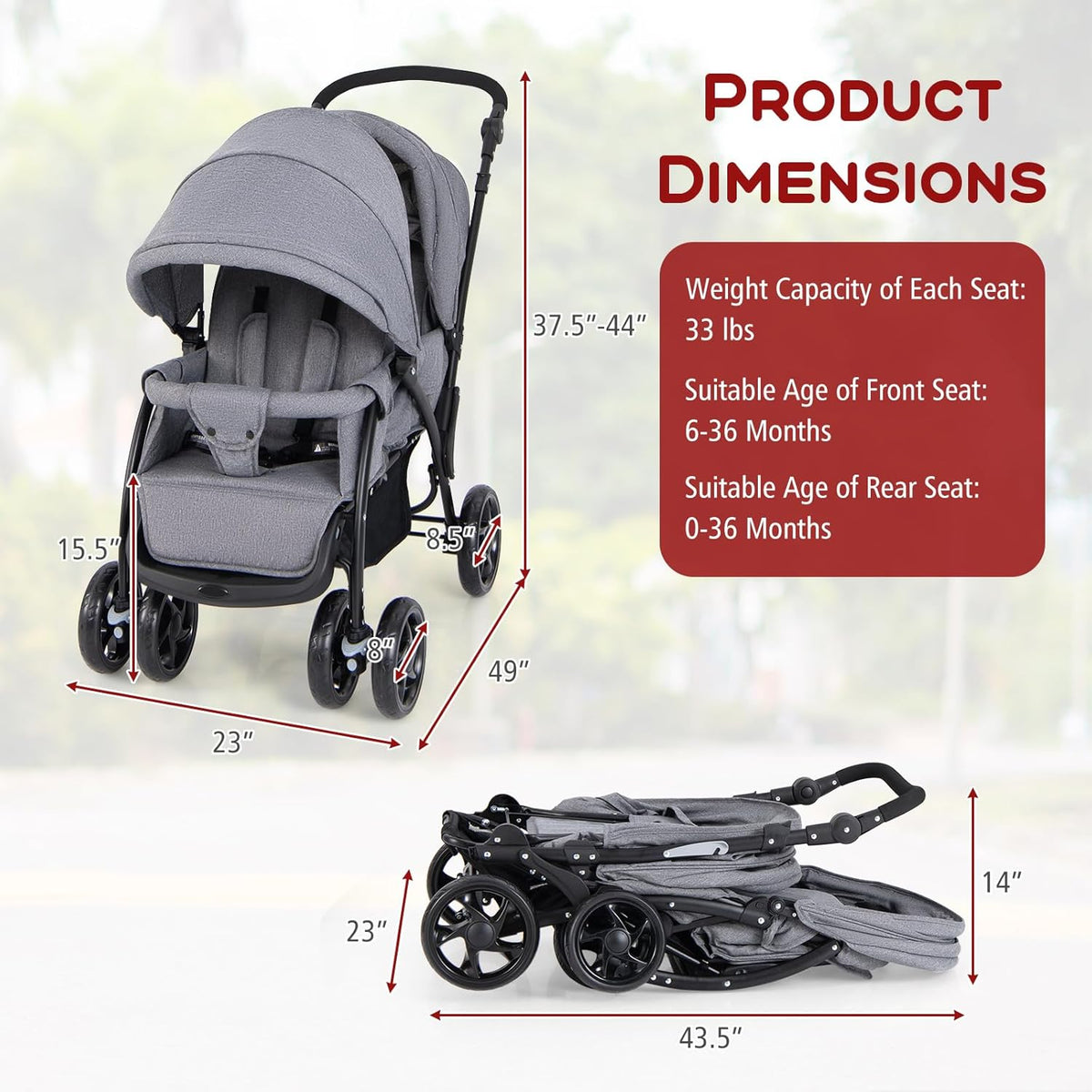 HONEY JOY Double Stroller, Foldable Lightweight Infant Twin Stroller with Tandem Seating, 5-Point Harness, Recline Seat, Storage Basket, Compact Baby Double Stroller Newborn and Toddler (Gray) - PuriLite