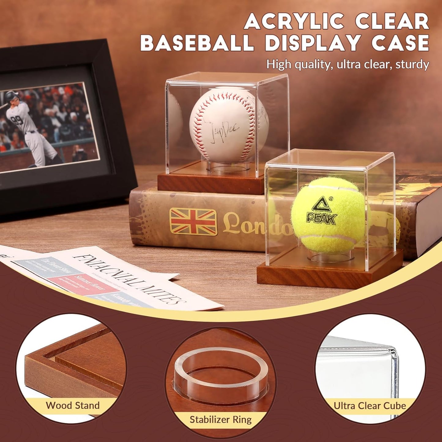 JupDec Baseball Display Case, Clear Cube Baseball Holder with Wooden Base, Autograph Baseball Stand Box for Single Ball, Acacia Wood, Brown, 1 Pack - PuriLite