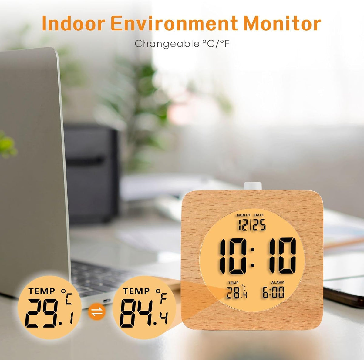 Plumeet Wooden Digital Alarm Clock for Bedrooms, Wood 4'' Battery Powered Alarm Clock with Snooze and Nightlight, Electronic LCD Desk Clock Display Time, Date, Temp, 12/24H, Wood Décor (Sapele, 3.2'') - PuriLite