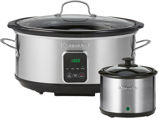 Kenmore 7 Quart Slow Cooker - Programmable Crock Pot with Dipper, Stainless Steel Electric Cookers, Warm Rice & Sous Vide Stew Soup for Lunch, Dishwasher Safe Non-Stick Ceramic Insert, Digital Control - PuriLite