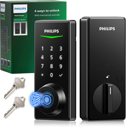 Philips Fingerprint Keyless Entry Door Lock, Electronic Door Lock with Touchscreen, Long-Lasting Battery, Auto Locking, One-Time Code, Keypad Deadbolt, One-Touch Locking, Matte Black - PuriLite