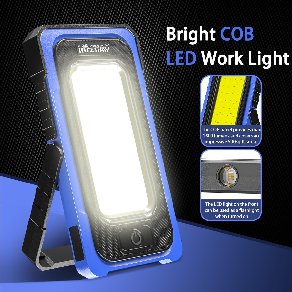 WARSUN Led Work Light Rechargeable, Portable Magnetic Work Light, LED Flood Light Waterproof for Outdoor Camping Hiking Emergency Car Repairing (USB + Solar Charging, Blue) - PuriLite