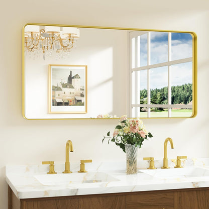Keonjinn 42 x 36 Brushed Nickel Bathroom Vanity Mirror, Large Rounded Rectangle Bathroom Mirrors for over Sink, Metal Framed Silver Mirror for Wall, Shatterproof HD Tempered Glass(Horizontal/Vertical) - PuriLite
