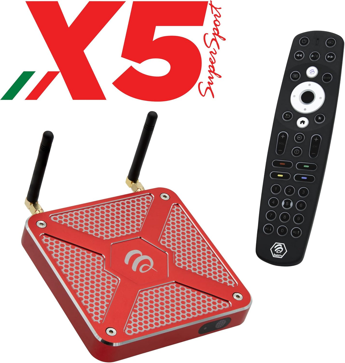 BuzzTV X5 SS Android 13 TV Box, 4GB DDR4 RAM, 128GB Storage, Scarlet Red Aluminum, Dual Voice-Controlled Remote, Wireless AX, USB-C, Global Power Adapters - PuriLite