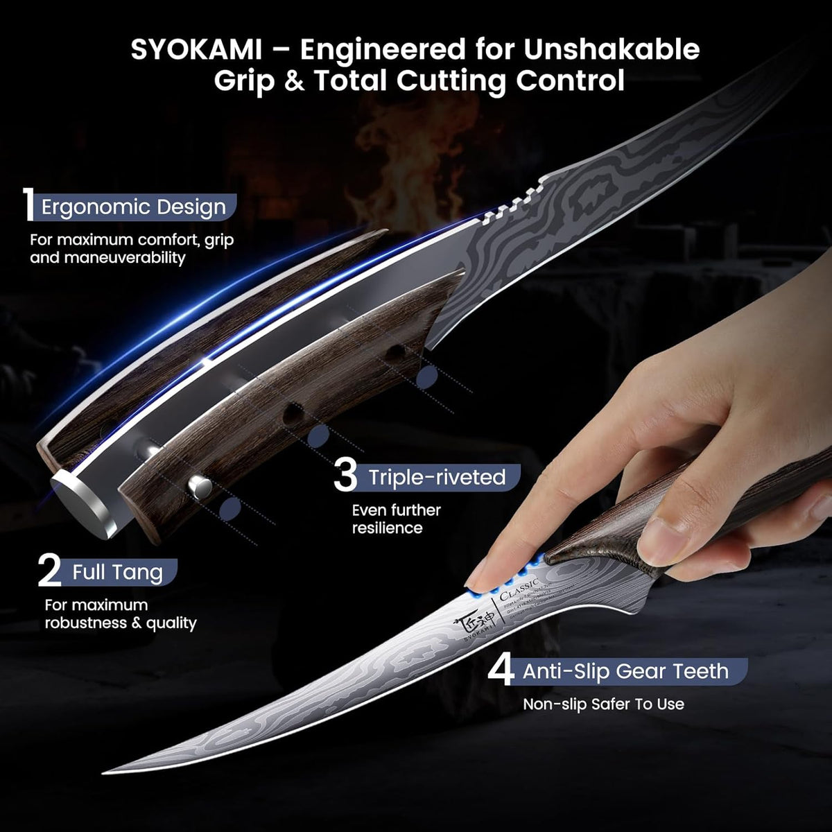 SYOKAMI Fillet Knife, Razor Sharp 7.2 Inch Boning Knife, High Carbon Stainless Steel Filet Knives with High Flexibility, Wooden Handle, Full Tang Damascus Pattern Fish Knives, Ideal for Gifting - PuriLite