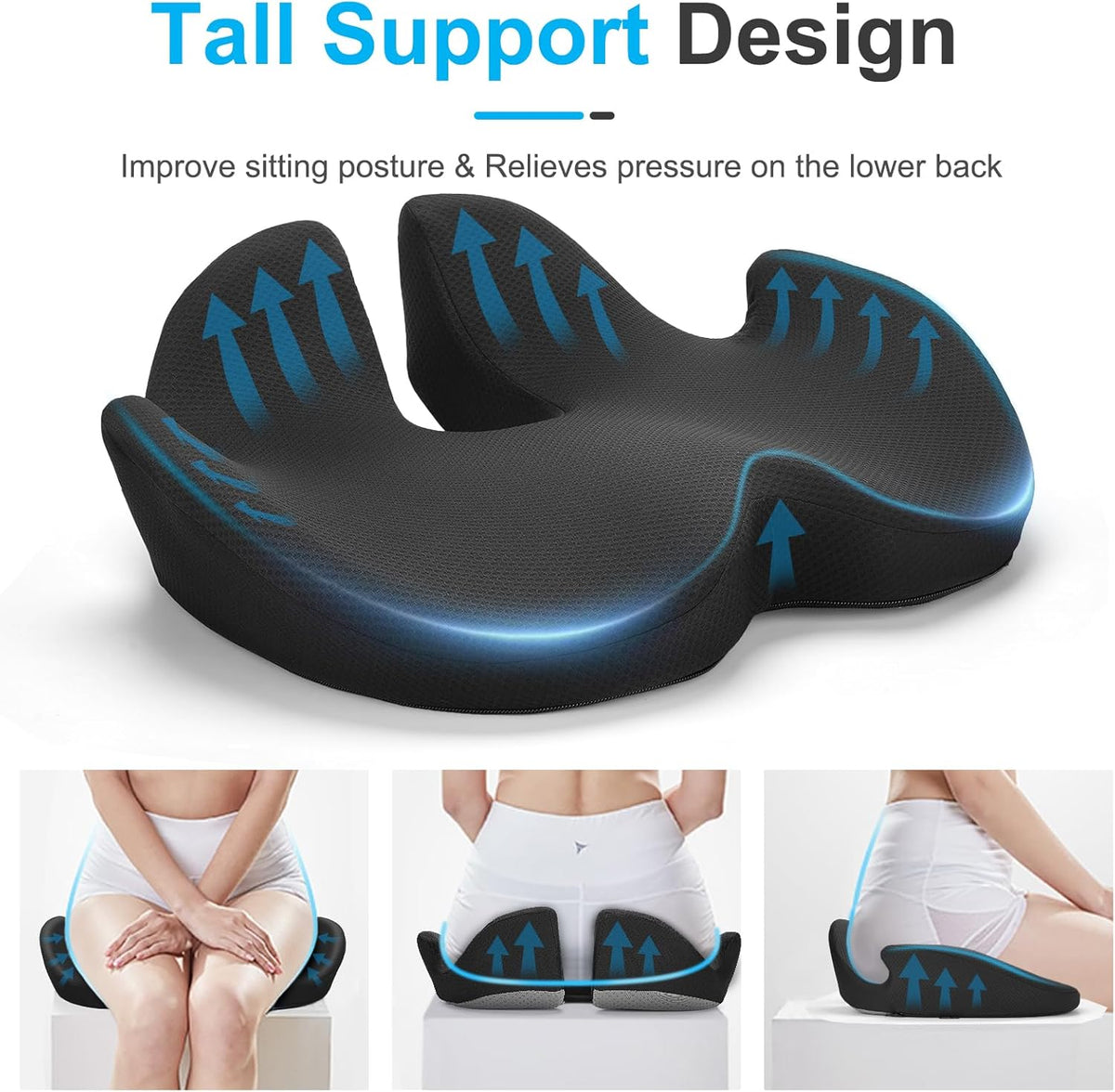 Memory Foam Seat Cushion for Chair, Ergonomic Coccyx Support Cushion for Long-Term Sitting, Breathable Pressure Relief Seat Pad for Office, Home, Travel - PuriLite