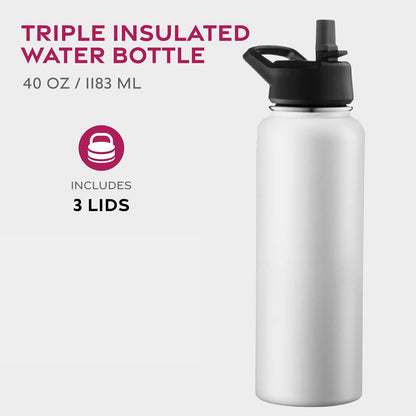 FineDine Water Bottle - Stainless Steel Insulated Water Bottle with Straw Lid, Flip Lid & Wide-Mouth Cap - Keeps Hot and Cold - 25 Oz / 739ml - Pure Pearly White - PuriLite
