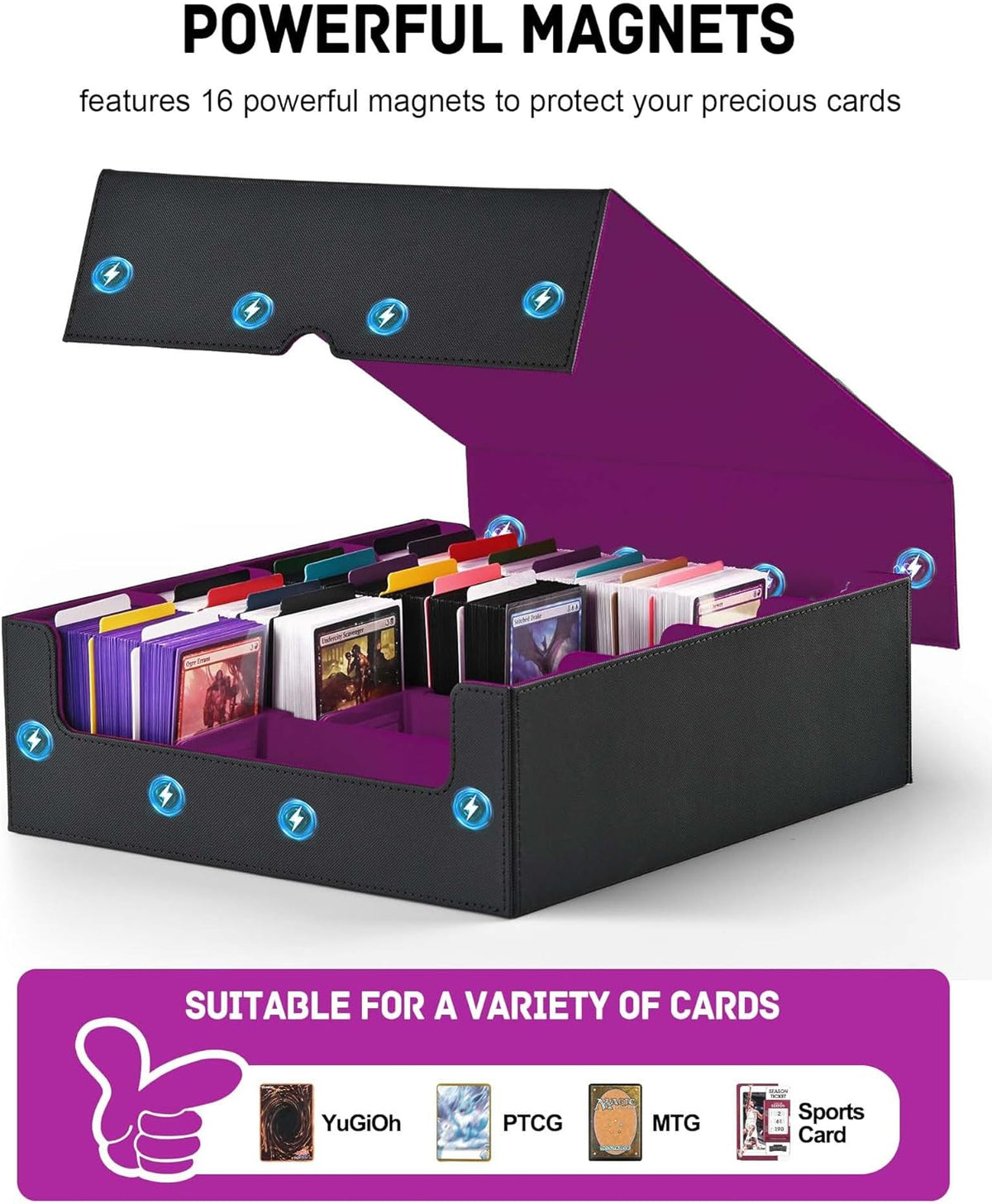 ZLCA Card Storage Box for MTG PTCG, Commander Deck Box Holds 3000+ Cards, Card Storage Case with 4 Stoppers, Card Organizer for TCG Sport Cards (Black) - PuriLite