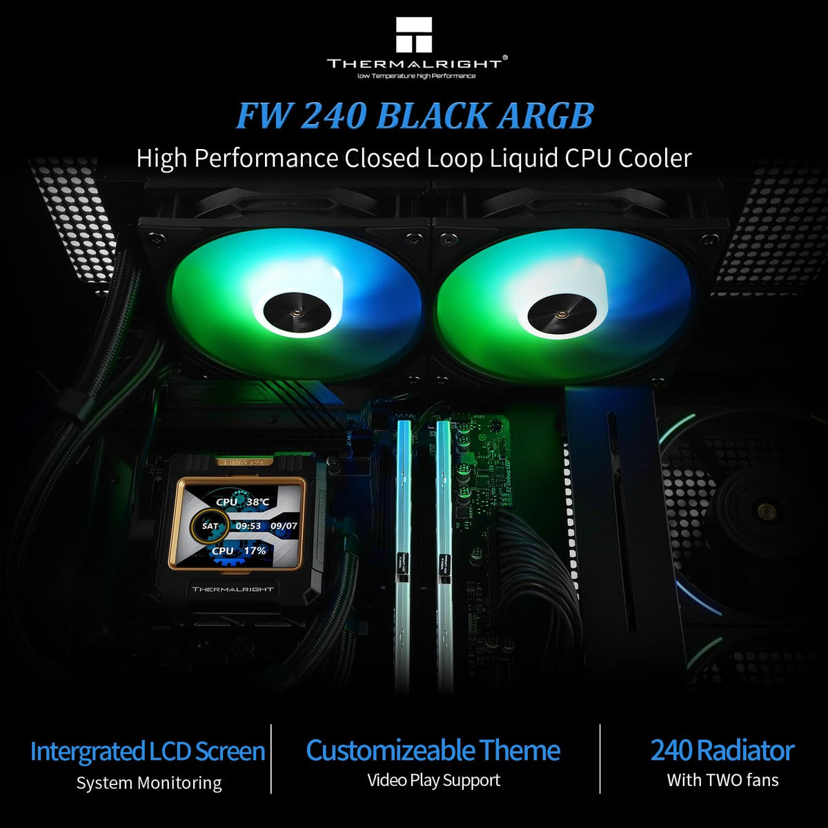 Thermalright FW 360 Black ARGB-360mm AIO CPU Liquid Cooler,IPS LCD Screen with 320 * 240 Resolution,for AM5/Intel LGA1700,‘2.4 inch’Magnet-Absorbent LCD Screen for Images -Black - PuriLite