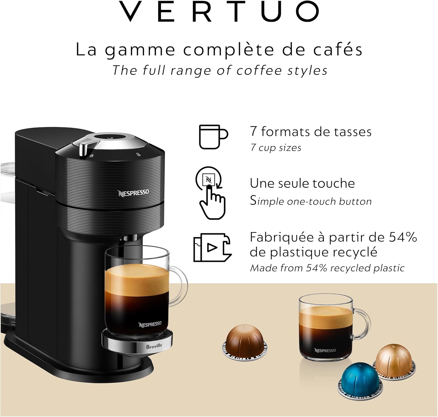 Nespresso Vertuo Next Coffee and Espresso Machine by Breville with Aeroccino Milk Frother - Light Grey - PuriLite
