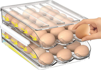 Auto Rolling Egg Storage for Fridge | Stackable Egg Organizer | Refrigerator Egg Holder with Lid | Kitchen Fridge Storage Box | Space Saving Egg Container - PuriLite