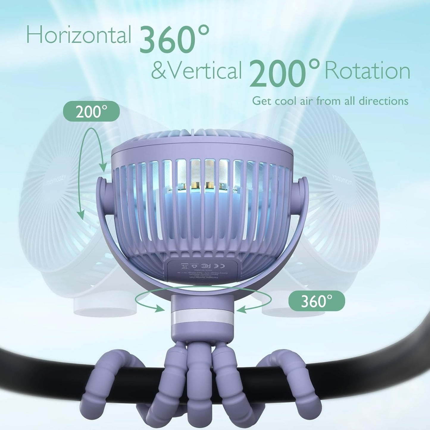 Momcozy Portable Stroller Fan, 27H Ultra-long Battery Life, Detachable 4 Speed 360°Rotate, LED Night Light with 2 Modes, USB Rechargeable and Handheld Cooling Fan for Travel, Car Seat - PuriLite