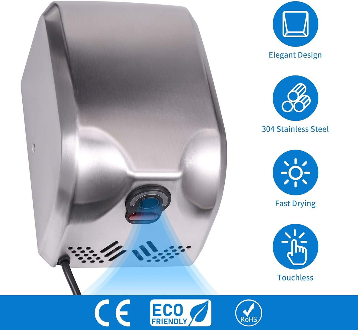 Goetland Stainless Steel Commercial Hand Dryer 1800w Automatic High Speed Heavy Duty Dull Polished - PuriLite