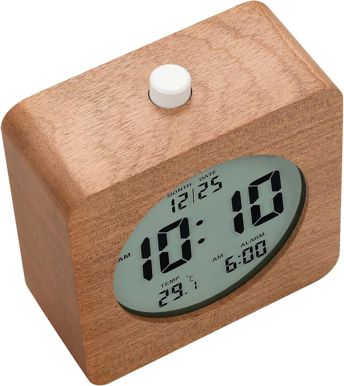Plumeet Wooden Digital Alarm Clock for Bedrooms, Wood 4'' Battery Powered Alarm Clock with Snooze and Nightlight, Electronic LCD Desk Clock Display Time, Date, Temp, 12/24H, Wood Décor (Sapele, 3.2'') - PuriLite