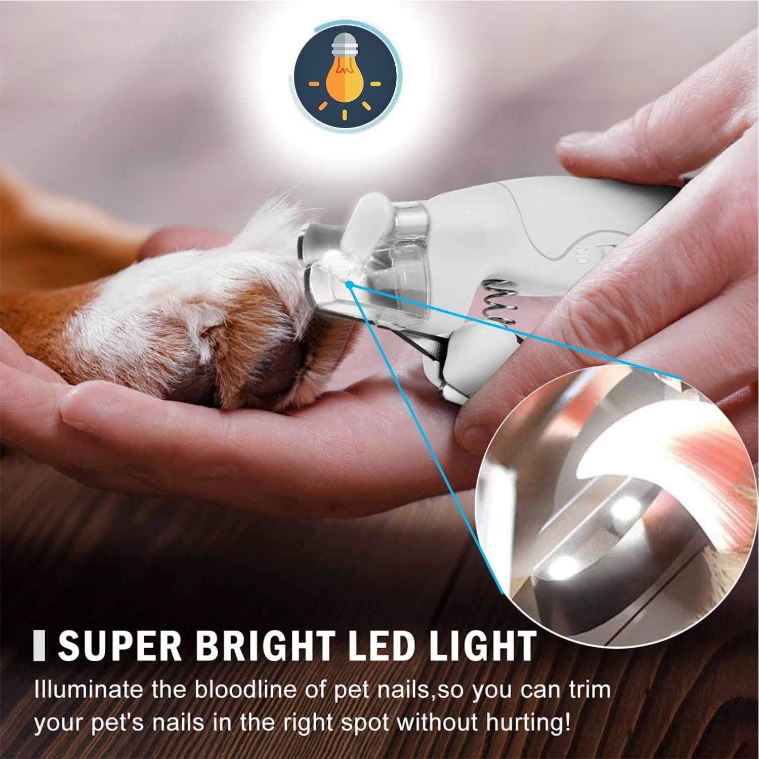 Pet Nail Clipper with LED Light for Dogs & Cats, Rechargeable Nails & Claws Trimmer Grooming, Safe Professional Trimming Tool with Nail Trapper & Free Nail File, Quick-Sensor Razor Sharp Blades - PuriLite