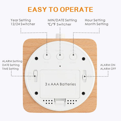 Plumeet Wooden Digital Alarm Clock for Bedrooms, Wood 4'' Battery Powered Alarm Clock with Snooze and Nightlight, Electronic LCD Desk Clock Display Time, Date, Temp, 12/24H, Wood Décor (Sapele, 3.2'') - PuriLite
