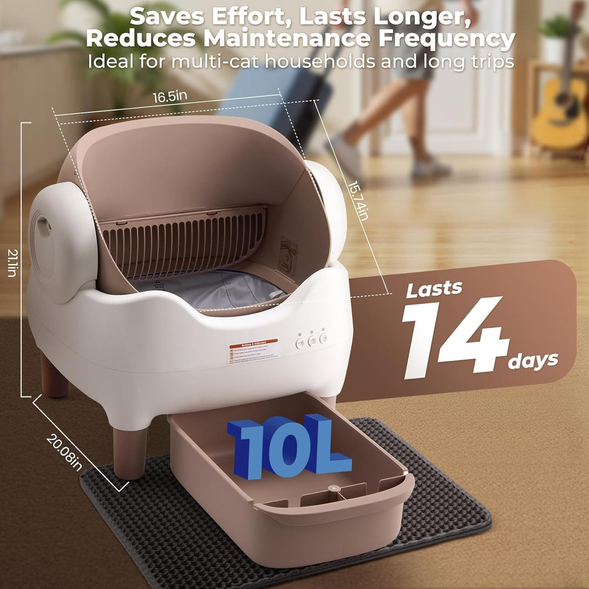 KITPLUS Self Cleaning Litter Box, Automatic Cat Litter Box with APP Control, Odor-Free Waste Disposal Includes Trash Bags, Large Waste Bin, Open-Top, for Multiple Cats - PuriLite