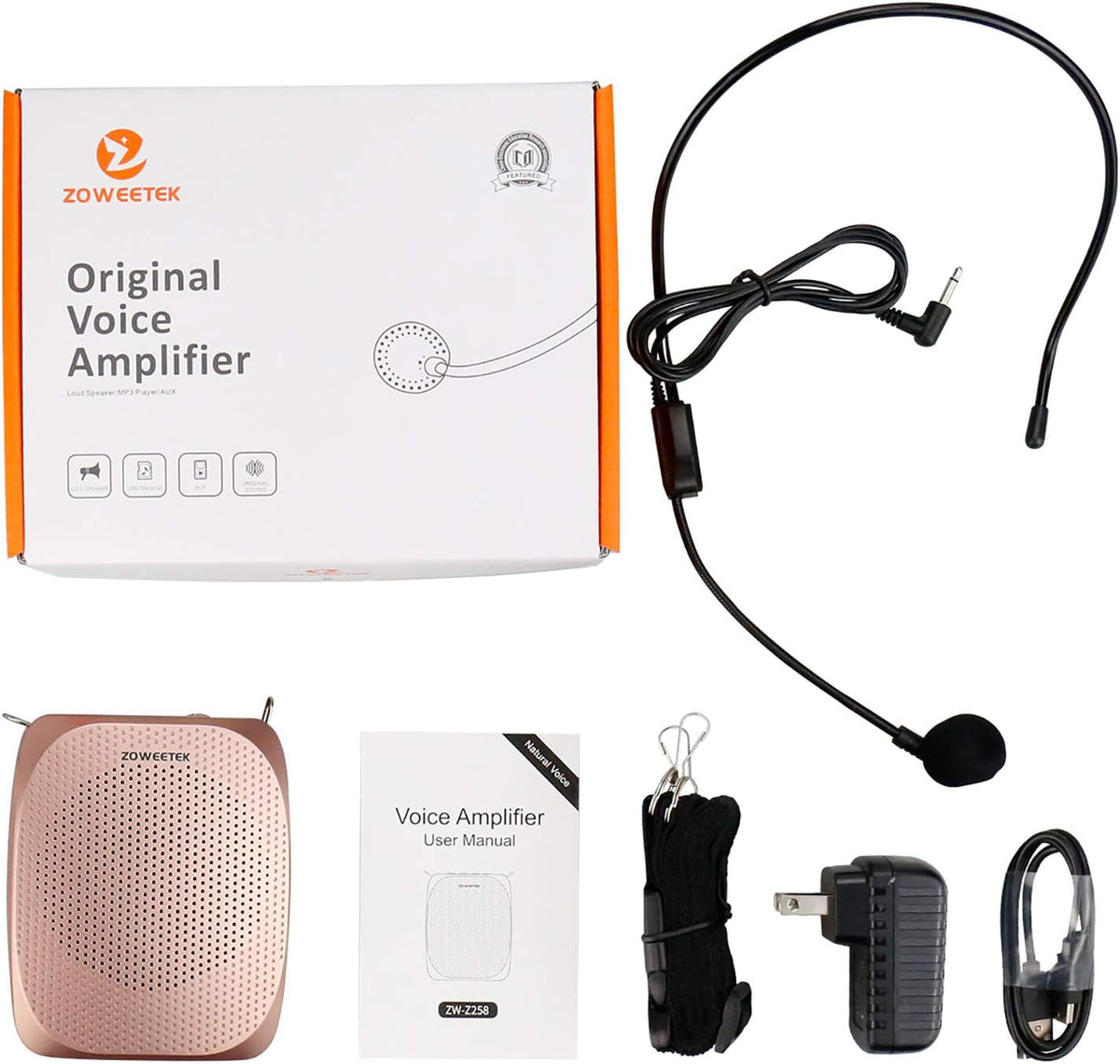 ZOWEETEK Voice Amplifier with Microphone Headset,1800mAh Rechargeable Portable Amplifier for Teachers, Tour Guide,Yoga,Fitness, Training, Meeting,Classroom - PuriLite