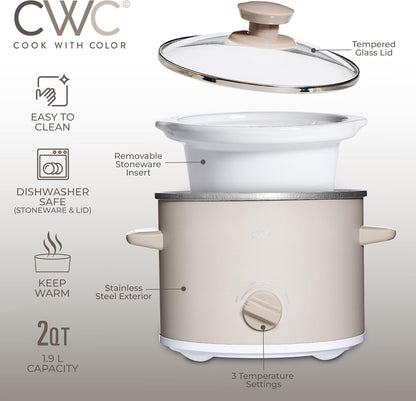 COOK WITH COLOR 2QT Mini Electric Round Slow Cooker - Adjustable Settings, Removable Stoneware Pot, Tempered Glass Lid, Dishwasher Safe, Cool-Touch Side Handles, Sand - PuriLite