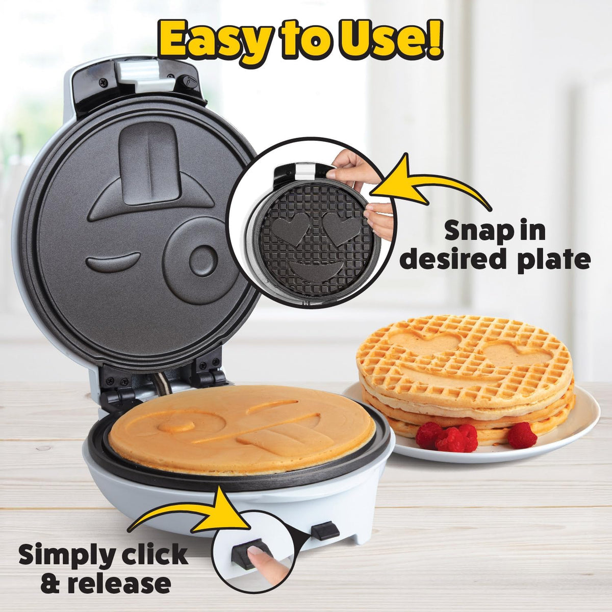 Smiley Face Waffler & Pancake Maker w 2 Interchangeable, Removable 8" Plates- Adjustable Temperature Control, Non-stick Electric Griddle Iron- Easy Clean, Make Kid's Breakfast Fun- Great Holiday Gift - PuriLite
