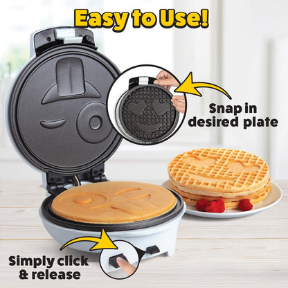 Smiley Face Waffler & Pancake Maker w 2 Interchangeable, Removable 8" Plates- Adjustable Temperature Control, Non-stick Electric Griddle Iron- Easy Clean, Make Kid's Breakfast Fun- Great Holiday Gift - PuriLite