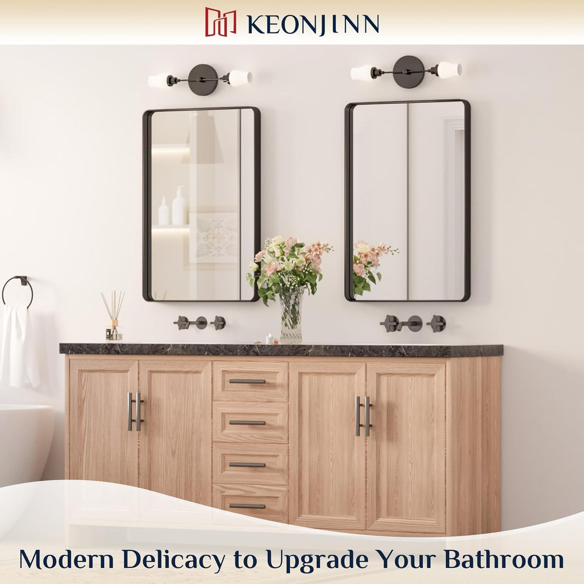 Keonjinn 42 x 36 Brushed Nickel Bathroom Vanity Mirror, Large Rounded Rectangle Bathroom Mirrors for over Sink, Metal Framed Silver Mirror for Wall, Shatterproof HD Tempered Glass(Horizontal/Vertical) - PuriLite
