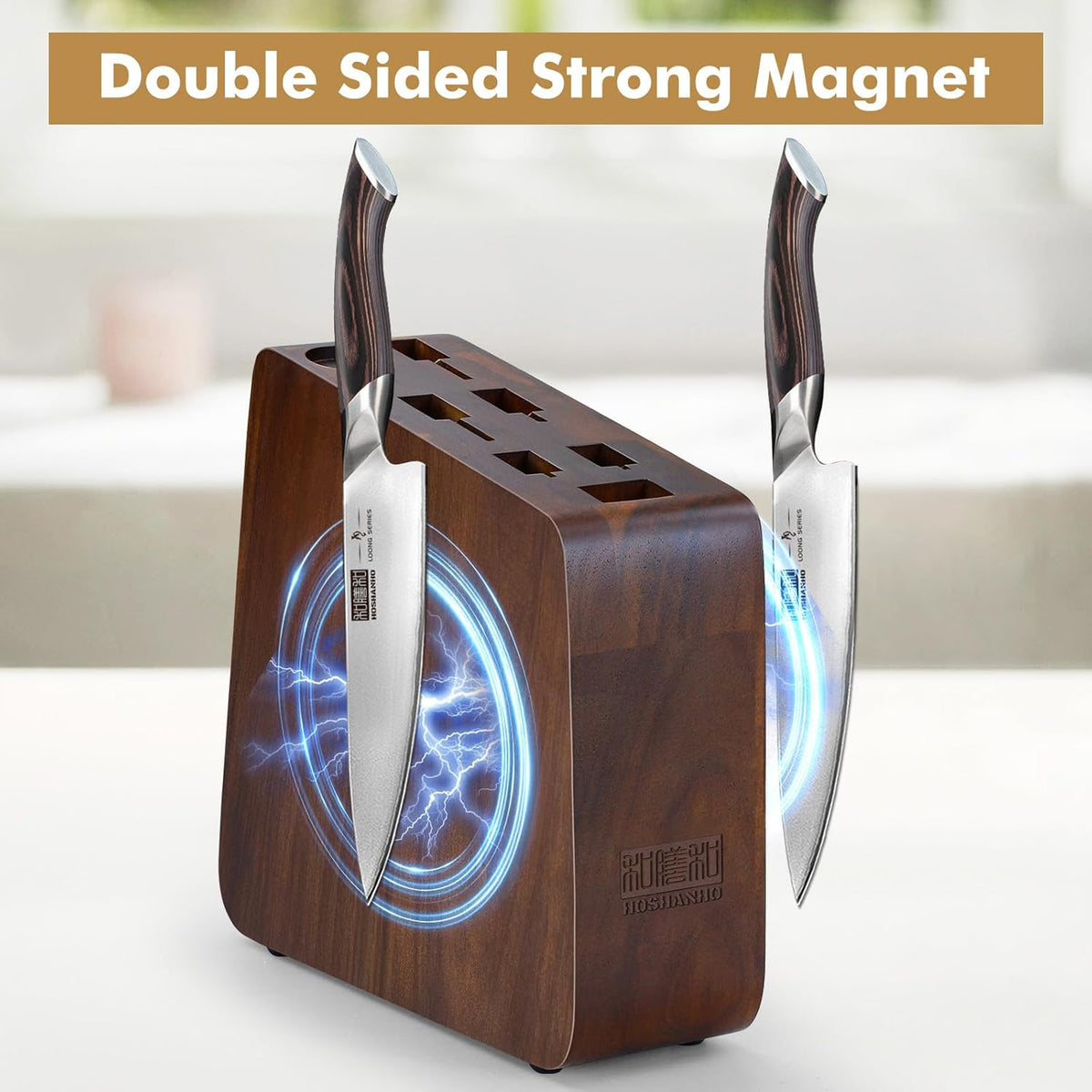 HOSHANHO Magnetic Knife Block 14 x 10 Inches, Double Sided Magnetic Knife Holder Rack for Kitchen Counter, Acacia Wood Magnetic Knife Storage Stand with Knife Sharpener - PuriLite