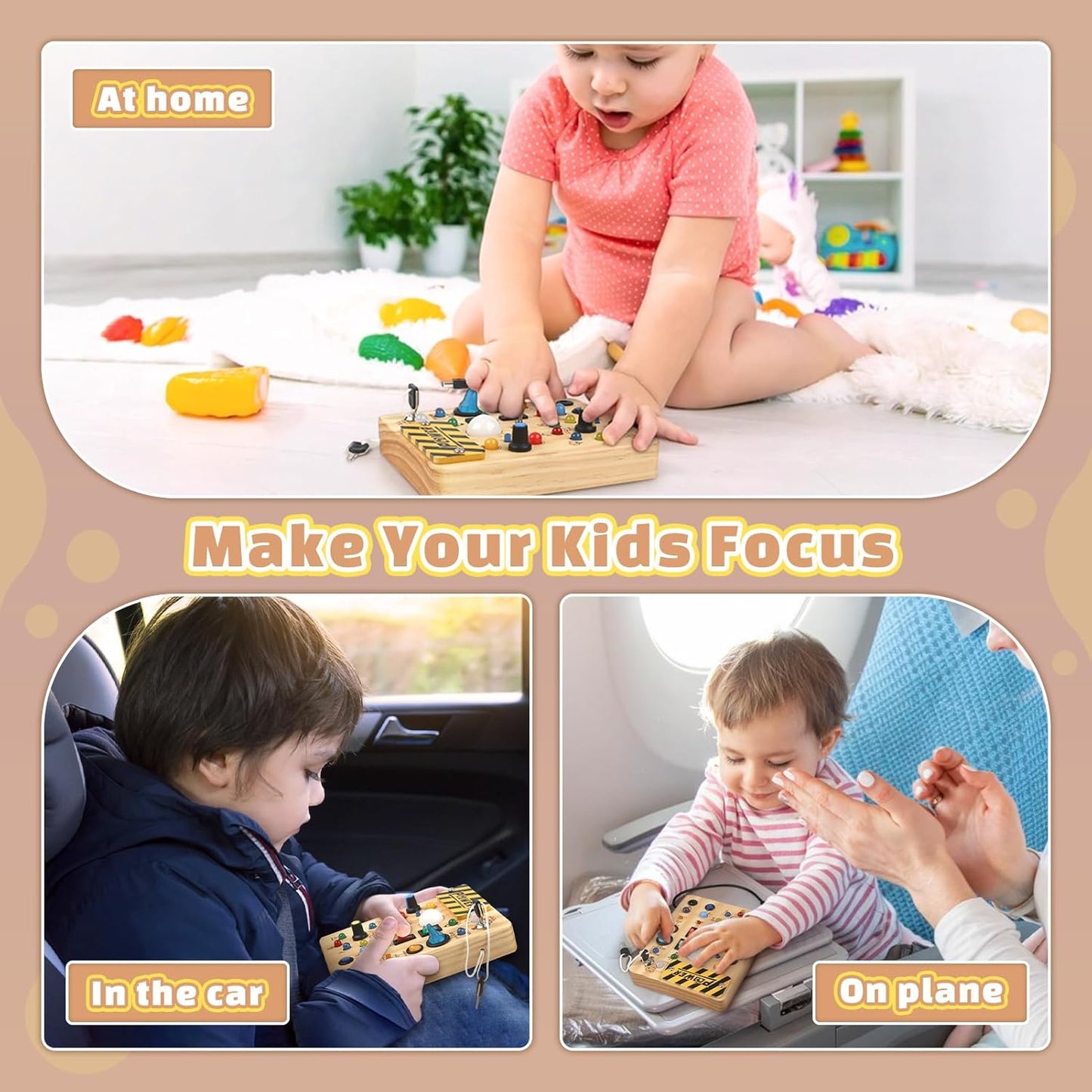 Joyreal Montessori Busy Board Wooden Sensory Toys for Toddler with LED Light Up Switch, Baby Fidget Board Travel Toys for 18+ Months, Boys Girls Birthday - PuriLite