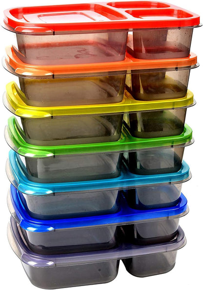 Youngever 7 Pack Bento Lunch Box, Meal Prep Containers, Reusable 3 Compartment Plastic Divided Food Storage Container Boxes - PuriLite