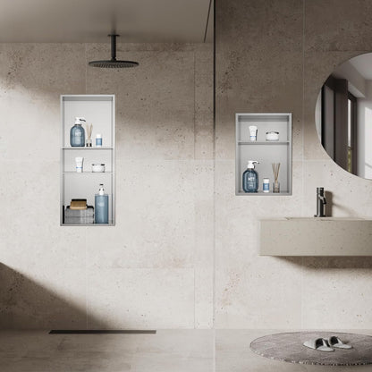 MENATT No Tile Shower Niche, Stainless Steel Wall Niche 13"X19"(Inner Size 12"X18"), Two-Tier Bathroom Shelf, NO Tile Needed Recessed Niche Shower for Bathroom Storage, Black - PuriLite