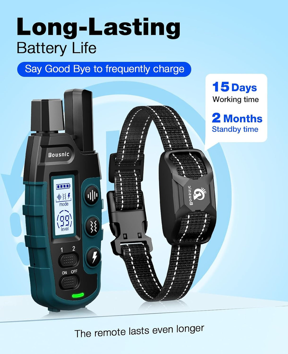 Bousnic Dog Shock Collar - 3300Ft Dog Training Collar with Remote for 5-120lbs Small Medium Large Dogs Rechargeable Waterproof e Collar with Beep (1-8), Vibration(1-16), Safe Shock(1-99) Modes (Blue) - PuriLite