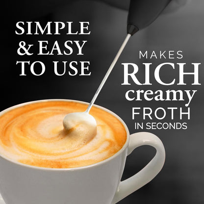 Zulay Kitchen Powerful Double Whisk Milk Frother Handheld - Foam Maker with Stand - Whisk Drink Mixer for Coffee, Mini Foamer for Latte, Matcha, Frappe, Hot Chocolate & Cappuccino (Black) - PuriLite