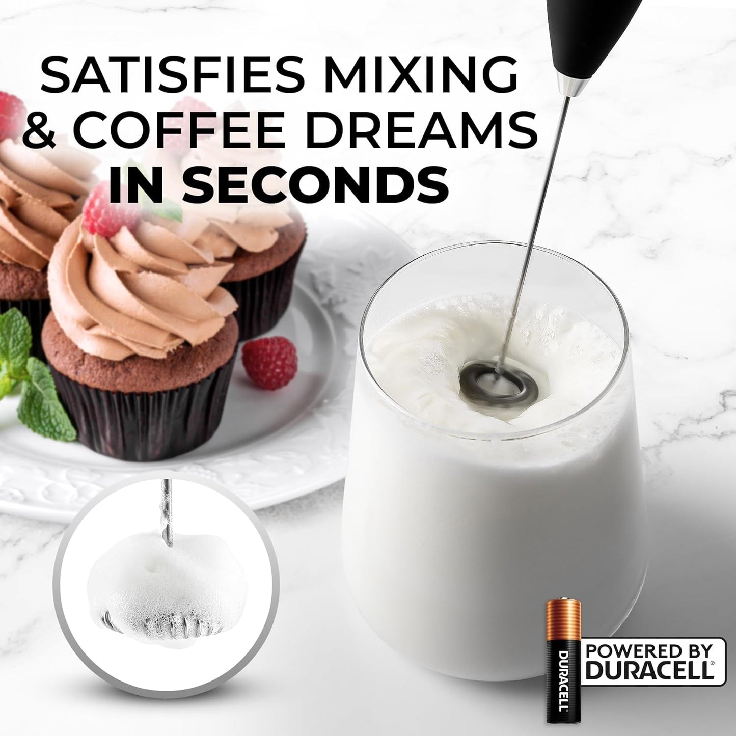 Zulay Kitchen Powerful Double Whisk Milk Frother Handheld - Foam Maker with Stand - Whisk Drink Mixer for Coffee, Mini Foamer for Latte, Matcha, Frappe, Hot Chocolate & Cappuccino (Black) - PuriLite