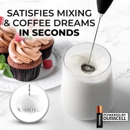 Zulay Kitchen Powerful Double Whisk Milk Frother Handheld - Foam Maker with Stand - Whisk Drink Mixer for Coffee, Mini Foamer for Latte, Matcha, Frappe, Hot Chocolate & Cappuccino (Black) - PuriLite