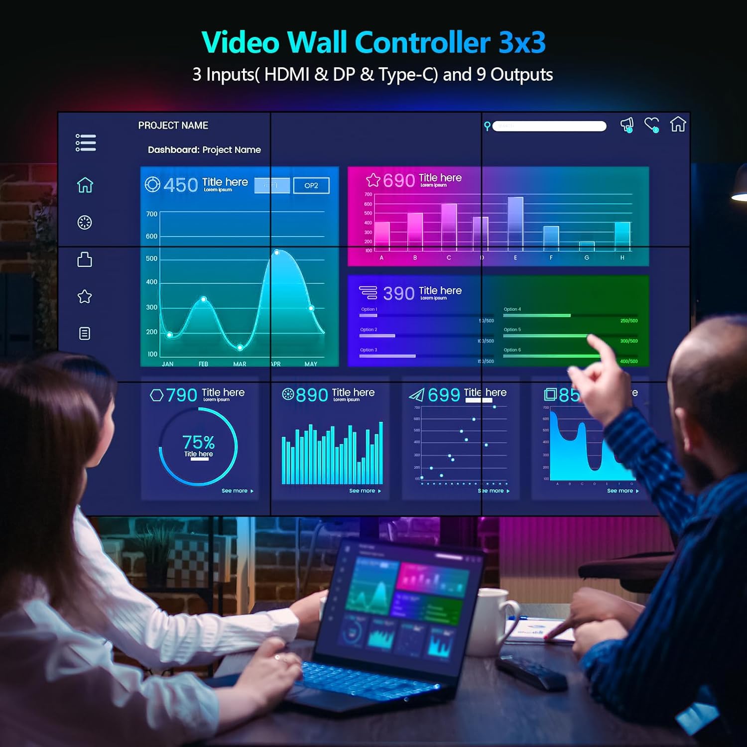 HDMI Video Wall Controller, RIUIIN TV Wall Controller, 4K TV Wall Processor, 180° Rotation, Audio, IR Remote, 2x2,1x2,1x3,1x4,2x1,3x1,4x1, Make 4 tv Screens into Wall Display - PuriLite