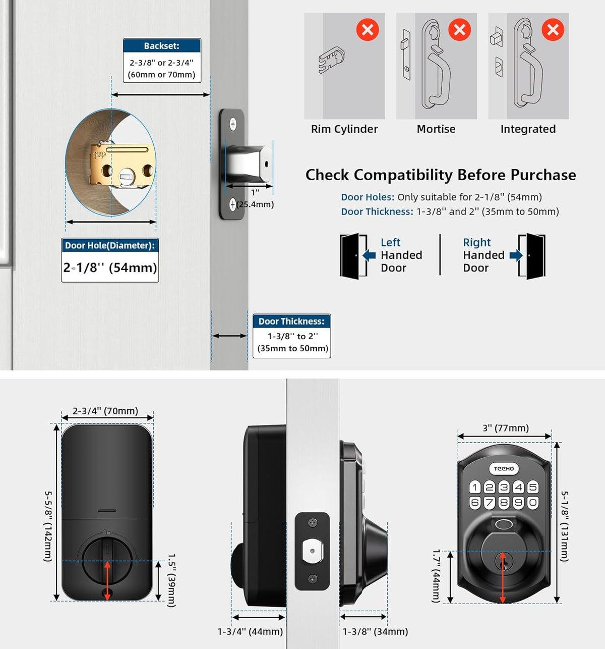 TEEHO TE002 Fingerprint Door Lock, Smart Keyless Entry Electronic Keypad Deadbolt for Front Door - Auto Lock - Easy Installation - Matte Black - PuriLite