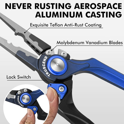 TRUSCEND Lockable Handy Fishing Pliers with Innovative Ergonomic Handle, Saltwater Corrosion Resistant Teflon Coated Fishing Tool, Multi-Function Fishing Gear with Mo-V Cutter, Amazing Fishing Gift - PuriLite