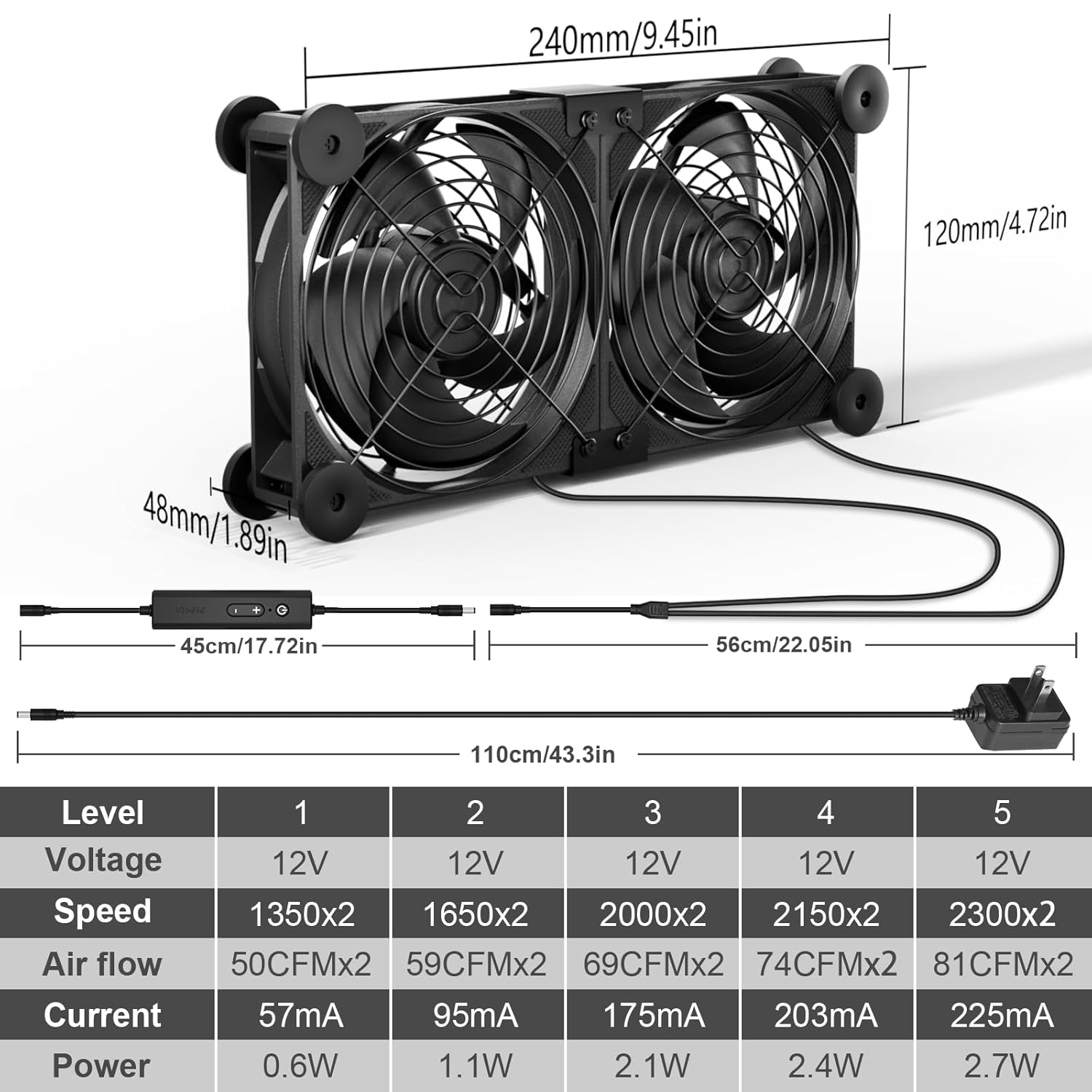 upHere High Airflow 120mm X 25mm Computer Fan with 12V DC Power Supply, 5 Level Speed Controller, for PC,PS5, Mining Machine Chassis Server Workstation Cooling - PuriLite