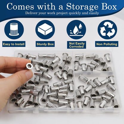 Vifmy Metric & SAE Rivet Nut Assortment Kit(420 Pcs),m3 m4 m5 m6 m8 m10 m12#6-32#8-32#10-24 1/4"-20 5/16"-18 3/8"-16 UNC Flat Head Rivnut Set,Zinc Plated Finish Carbon Steel Nutsert - PuriLite