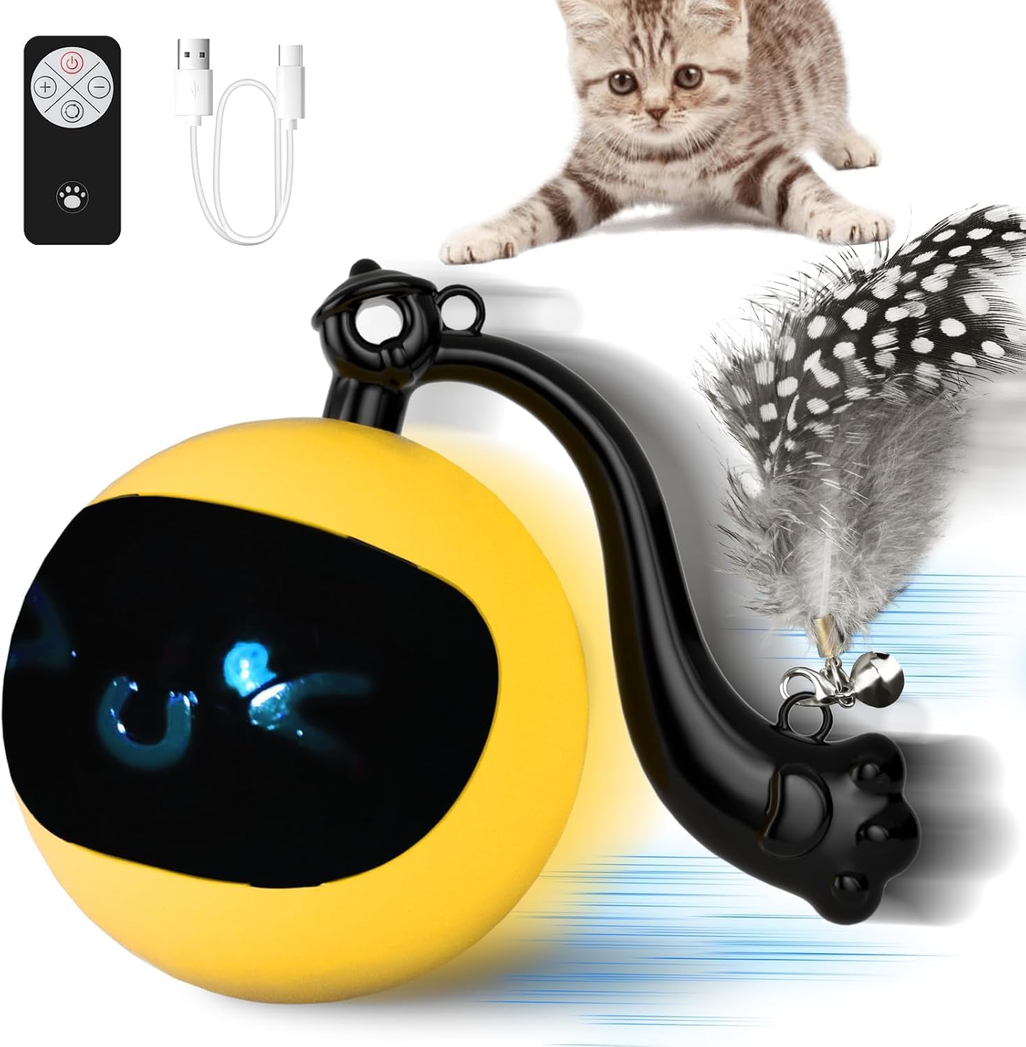 snoslme Interactive Cat Ball Toy, Automatic Moving Cat Toy Ball with Feather Tail, Cats Toy for Chasing and Hunting (Yellow) - PuriLite