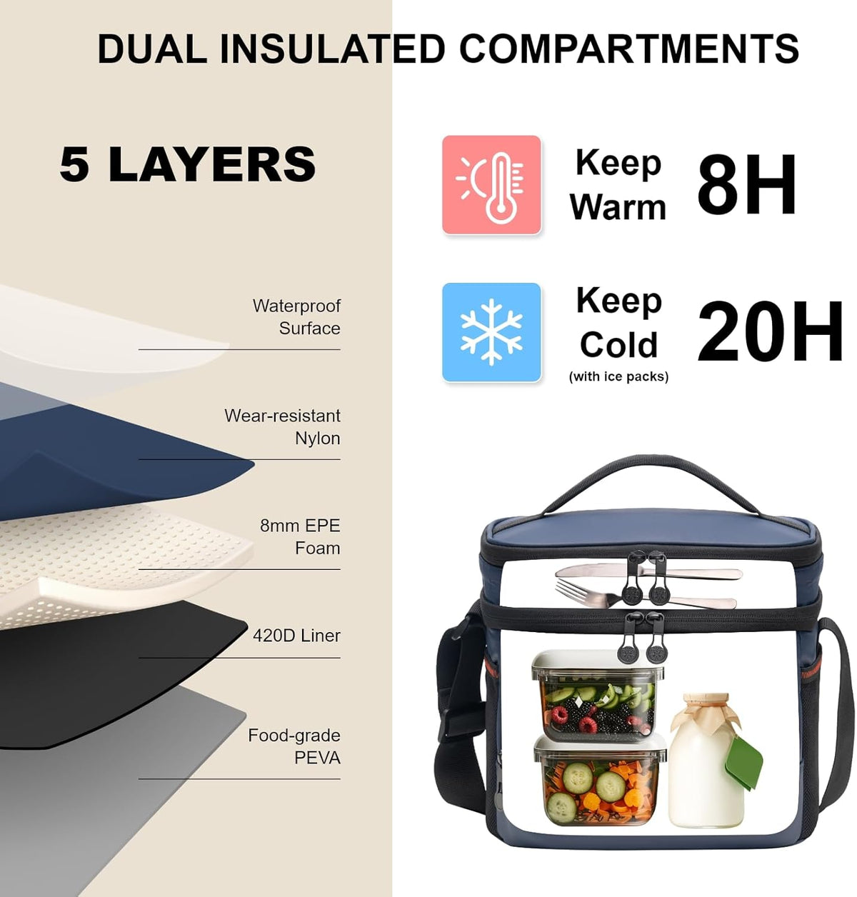EVERFUN Cooler Bag Insulated Beach Cooler Lunch Bag Box for Men Women Dual Compartments Collapsible Waterproof Leak-Proof for Travel Work Picnic - PuriLite