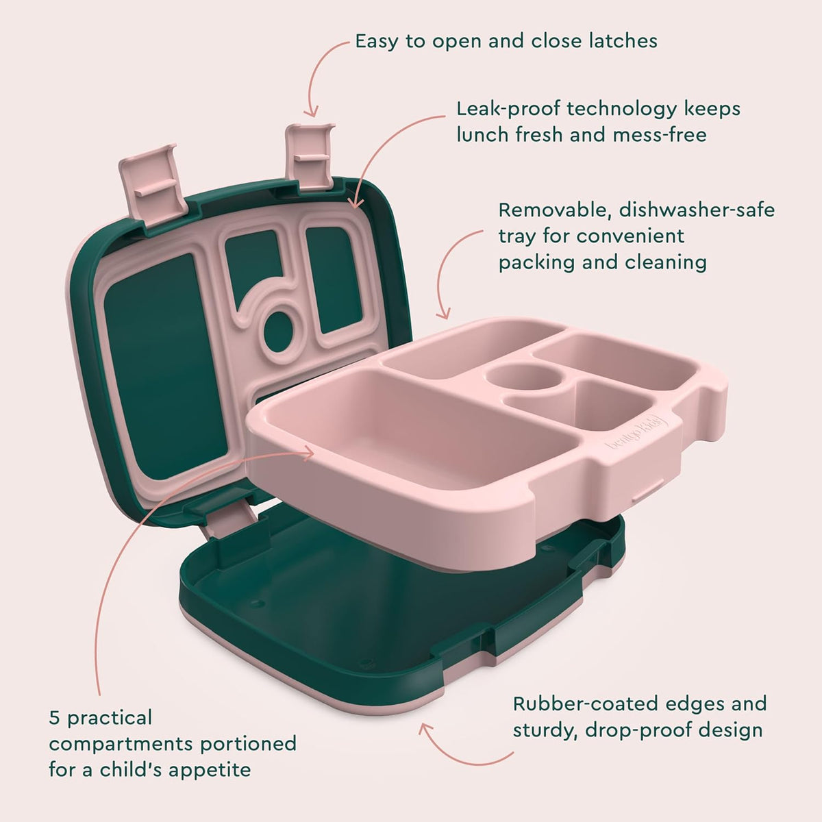 Bentgo Kids Prints Leak-Proof, 5-Compartment Bento-Style Kids Lunch Box - Ideal Portion Sizes for Ages 3-7, Durable, Drop-Proof, Dishwasher Safe, & Made with BPA-Free Materials (Green Rainbow) - PuriLite