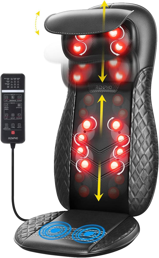 RENPHO Neck & Back Massager with Heat for Chair, Full Back Shiatsu Rolling Massage Chair Pad with Height Adjustable, Back Massager Cushion for Neck Shoulders Waist, Gifts for Women & Men - PuriLite
