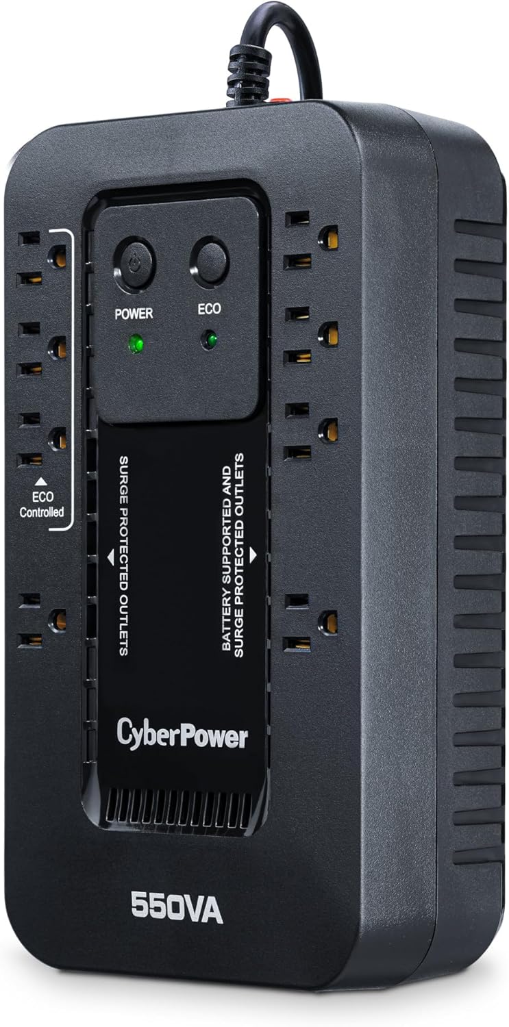 CyberPower EC850LCD Ecologic Battery Backup & Surge Protector UPS System, 850VA/510W, 12 Outlets, ECO Mode, Compact, Uninterruptible Power Supply - PuriLite