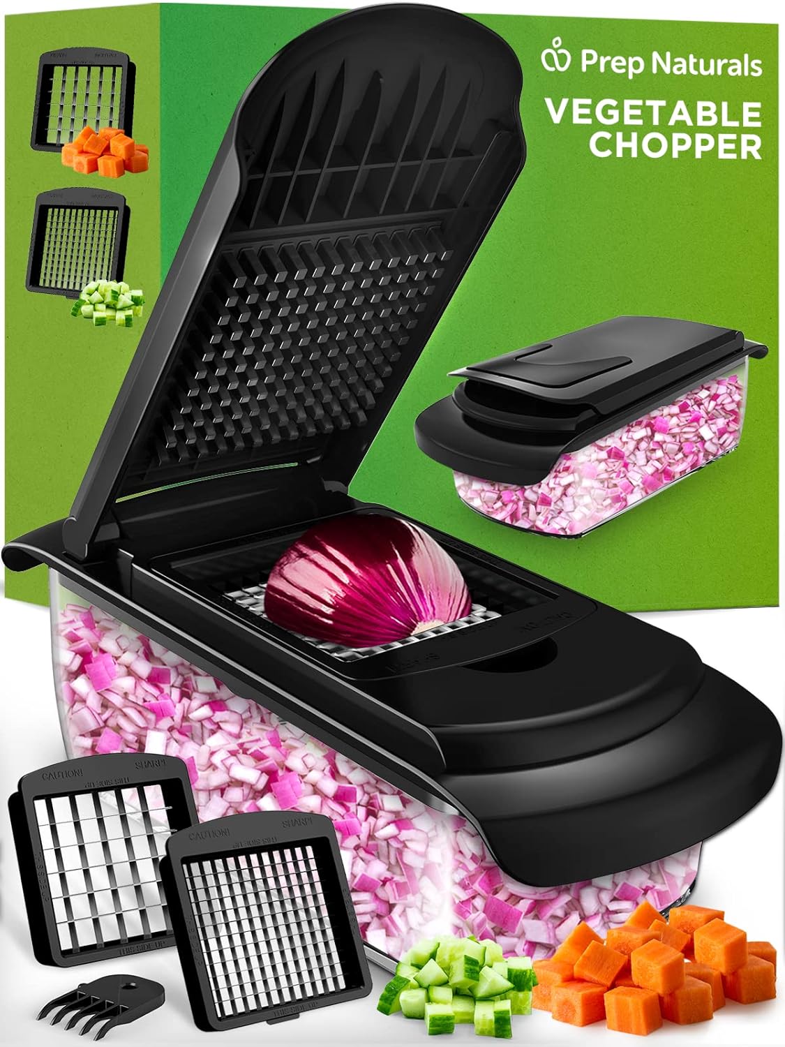 Vegetable Chopper with Container - 2-in-1 Black - Stainless Steel Veggie Chopper Onion Chopper Vegetable Cutter Food Chopper Onion Dicer - Kitchen Tools and Gadgets - PuriLite
